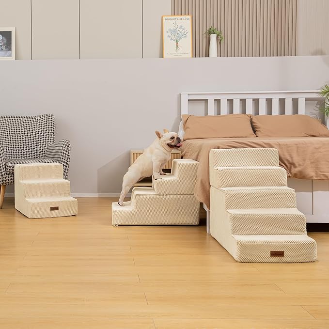 Dog Stairs for Small Dogs &amp; Cats, 3-Step Non-Slip Pet Steps for Couch Sofa and Chair, Beige, 13.6" H