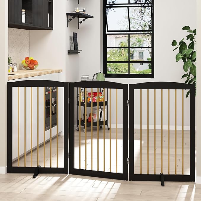 Freestanding Pet Gate for Dogs, Foldable Wooden Dog Gate for House Indoor, Step Over Pet Puppy Safety Fence for Stair, Doorway,Hall, Support Feet Included,3 Panels 32",Black&amp;Gold