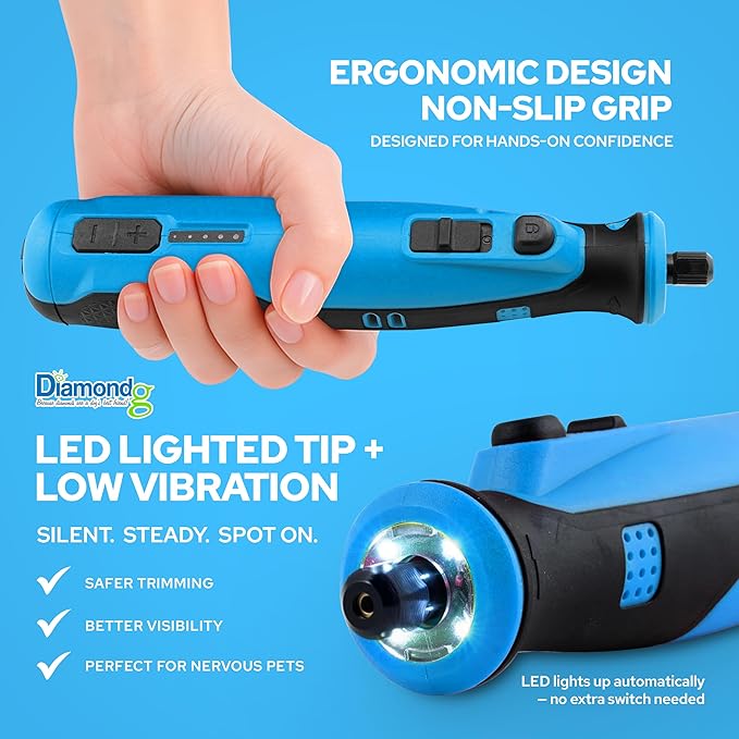 Diamondg Cordless Dog Nail Grinder with Quiet Sound &amp; LED Tip for Large &amp; Small Dogs, 4hrs. Runtime - Electric Dog Nail Trimmer, Heavy Duty Rotary Tool Alternative to Toenail Clippers &amp; Filers