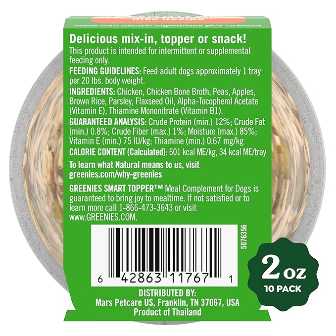Greenies Smart Topper High Protein Wet Mix-in for Dogs, Chicken, Peas, Apples &amp; Brown Rice Recipe in Vitabroth Broth - Bone Broth + Vitamins E &amp; B1, 10 Count
