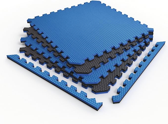 Norsk Reversible Exercise Mats 3/4" Thick EVA Interlocking Foam Tiles, Perfect Home Gym Flooring, 20 Tiles &amp; 40 Trim Pieces, 80 Sq. Ft. 24"x24", Dazzling Blue/Black