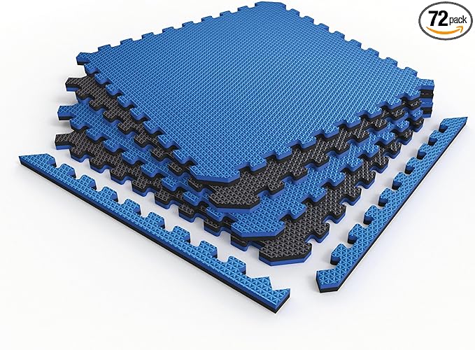Norsk Reversible Gym Exercise Mats 3/4" Thick EVA Interlocking Foam Tiles, Perfect Home Gym Flooring, 24 Tiles &amp; 48 Trim Pieces, 96 Sq. Ft. Reversible, Dazzling Blue/Black