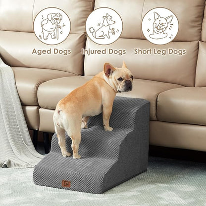 EHEYCIGA Curved Dog Stairs Ramp for Small Dogs 15.7" H, 3-Step Dog Steps for Couch Sofa and Chair, Pet Stairs for Cats, Non-Slip Balanced Pet Steps Indoor, Grey