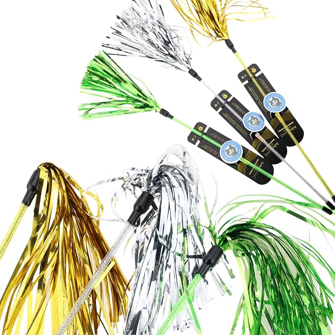 ADUCK Interactive Cat Teaser Wand Toy with Tassels - Durable Cat Chaser for Indoor Kitten Exercise, Boredom Relief &amp; Training Play, Pack of 3 (Gold, Silver, Green)