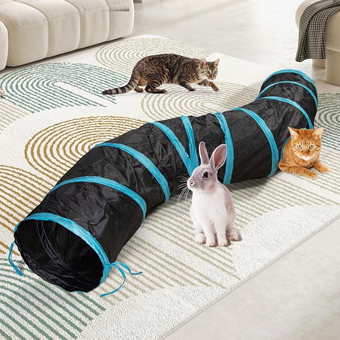 Cat Tunnel, S-2-Way Cat Tunnels for Indoor Cats, Interactive Toy Maze Cat House, Foldable Cat Tubes and Tunnels for Cats Kittens, Puppies, Kitty, Kitten, Rabbit, Guinea Pigs (Blue &amp; Black)