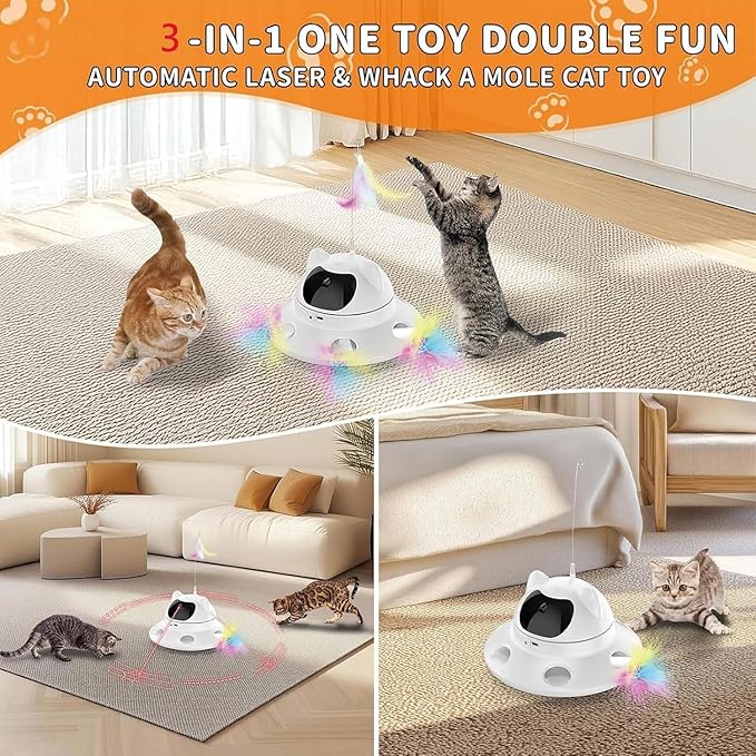 3-in-1 Cat Laser Toy &amp; Interactive Automatic Motion-Activated Kitten Toy – 6 Holes Whack-A-Mole Feather &amp; Moving Ambush Fun – USB Rechargeable, Apply to – Indoor Exercise for Cats of All Breeds