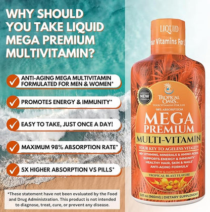 Mega Premium Liquid Multivitamin | Natural Immune Support Vitamin w/ 1333% Vitamin C, 200% D3, Zinc + 20 Vitamins, 70 Minerals, &amp; 21 Amino Acids | Sugar Free | Orange Flavor | 98% Absorption | 32 Serv