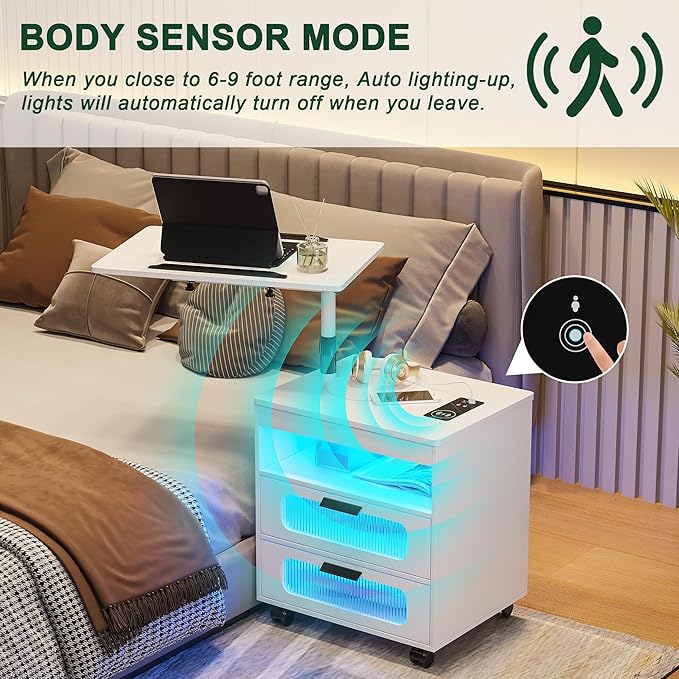 HNEBC Nightstand Set of 2, LED Nightstand with Wireless Charging Station/USB Ports,Smart Nightstand Has Adjustable Rotary Workstation with 2 Drawers,Modern Bedside Table for Bedroom Furniture(White)