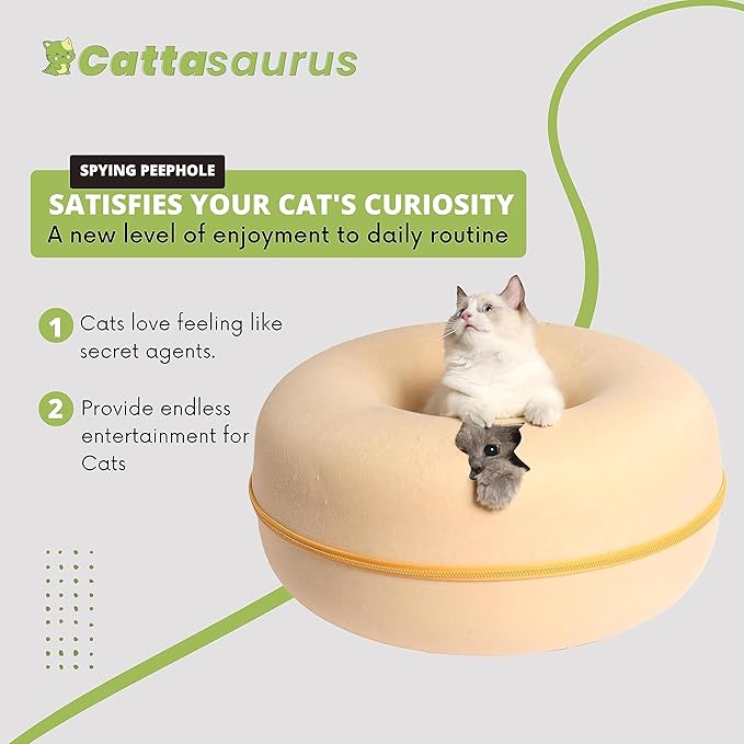 Cattasaurus Peekaboo Cat Cave for Multiple &amp; Large Cats Up to 30-45 Lbs, Scratch Detachable &amp; Washable Tunnel Bed, Comfy Donut Cat Cave (Pastel Macaron, Large)