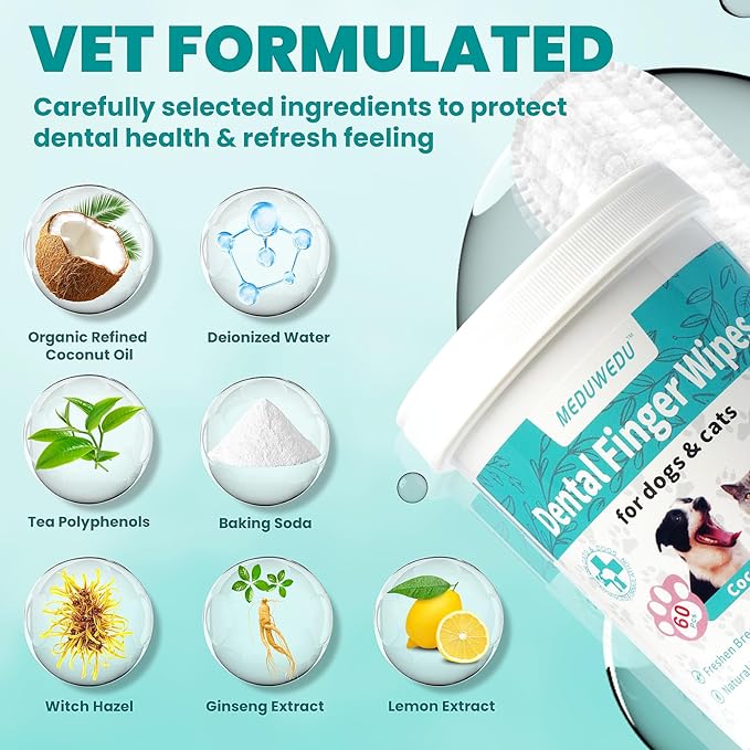 Dental Care Finger Wipes 60 Counts,Teeth Cleaning Finger Wipes for Dogs &amp; Cats,Reduces Plaque &amp; Supports Oral Freshness, Small Animal Stain Removers, Peach Scent