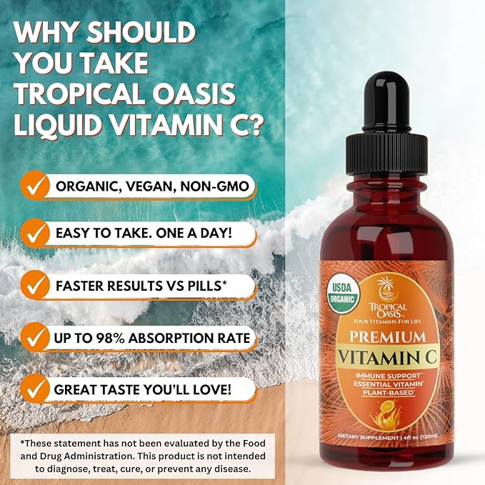 Tropical Oasis USDA Organic Liquid Vitamin C Drops for Adults &amp; Kids | Supports Healthy Immune System | 98% Absorption Rate | Vegan | Non-GMO | Gluten Free | 60 Servings