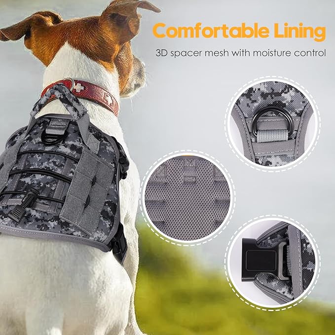 Heavy-Duty Tactical Dog Harness for Large Dogs, No Pull Adjustable Reflective Pet Vest with Molle System, K9 Military-Grade Control for Service Training, Outdoor &amp; 10+ Breeds, Gray Camo, Small