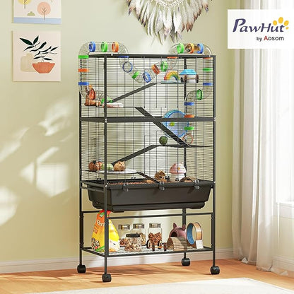 PawHut Hamster Cage with Deep Tray, 5 Tier Rolling Rat Cage with Storage Shelf, Big Exercise Wheel, Tube System, Hut, Platforms, Ramps, Food Dish, Water Bottle, for Syrian, Gerbil, Mouse