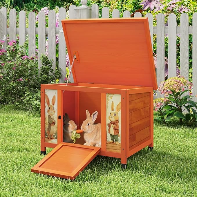 COZIWOW 24in Wooden Cat House Outdoor &amp; Indoor Pet Shelter with Foldable Ramp - Weatherproof Rabbit Hutch with Unique Machine-Printed Art Designs for Cat, Rabbit, Guinea Pig (Orange)