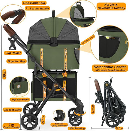 PAWZIDEA Double Pet Stroller with 2 Detachable Carriers, Portable Dog Crate for Car Travel &amp; TSA-Approved Expandable Cat Carrier, Foldable Lightweight Jogger Stroller for 2–4 Cats or Small/Medium Dogs