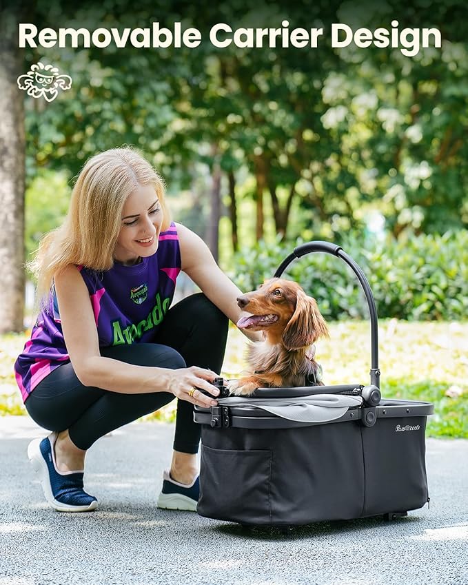 Pet Stroller for Small Dogs and Cats, One-Click Foldable Dog Stroller with Detachable Carrier &amp; 3 Safety Tethers, Holds up to 33 lbs, Storage Basket &amp; Cup Holder, Breathable Mesh, Black