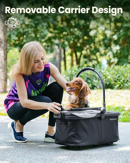 Pet Stroller for Small Dogs and Cats, One-Click Foldable Dog Stroller with Detachable Carrier &amp; 3 Safety Tethers, Holds up to 33 lbs, Storage Basket &amp; Cup Holder, Breathable Mesh, Black