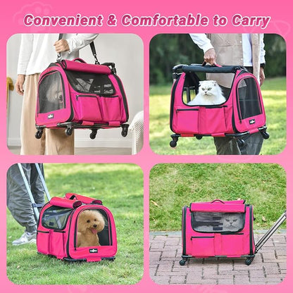 Large Pet Carrier with Wheels, Foldable Rolling Dog Carrier with Big Pocket, Cat Rolling Bag 21"x13"x13"for 2 Cats &amp;Dogs, Use for Travel, Outdoor, Vet Visits, Camping, Indoor. Pink