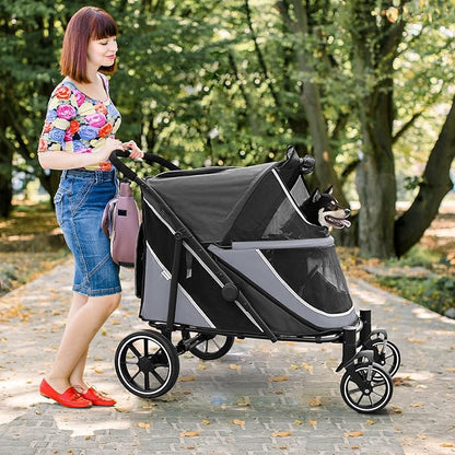 Dog Stroller for Medium/Large Dogs One-Click Folding, Extra Large Pet Stroller for 2 Dogs with Storage Pocket &amp; Shock Absorption, Up to 130 lbs, Grey