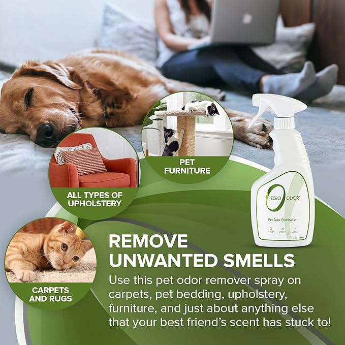 Zero Odor - Pet Odor Eliminator for Strong Odor, Eliminate Air &amp; Surface Odors – Patented Molecular Technology Best For Carpet, Furniture, Beds Smell Great Again (Over 400 Sprays Per Bottle)