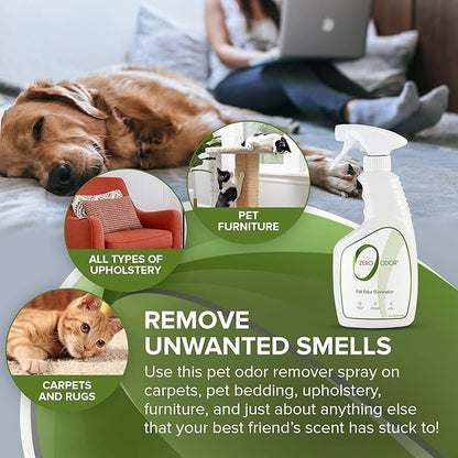Zero Odor - Pet Odor Eliminator for Strong Odor, Eliminate Air &amp; Surface Odors – Patented Molecular Technology Best For Carpet, Furniture, Beds Smell Great Again (Over 400 Sprays Per Bottle)
