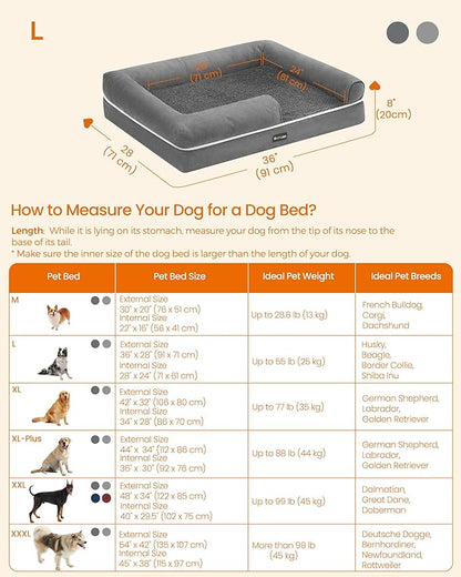Feandrea Orthopedic Dog Bed, Large Dog Bed Waterproof, Removable Washable Cover Sofa with Non-Slip Bottom, Raised Edges, 36 x 28 x 8 Inches, Light Gray UPGW067G02