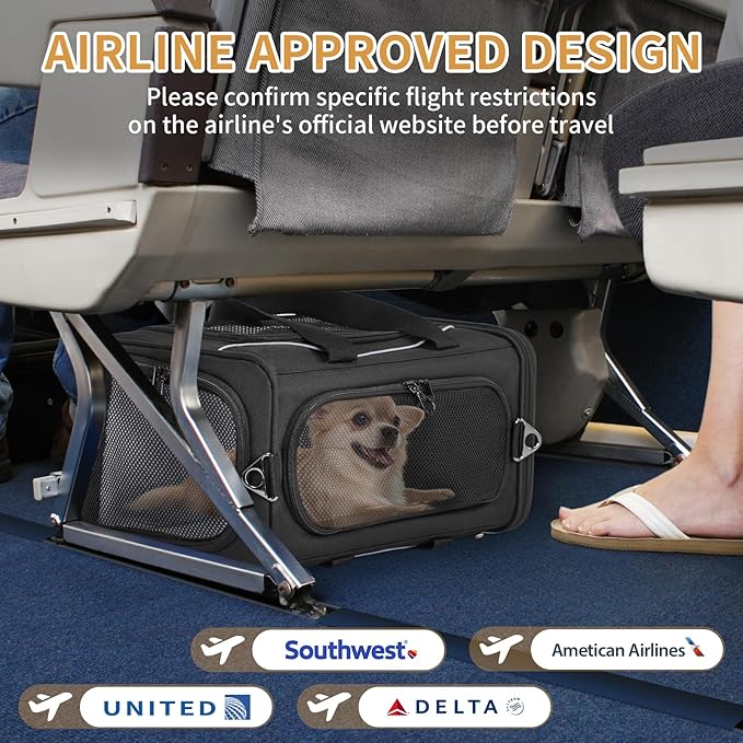 ‌Petsfit Airline Approved Pet Carrier for Small Dogs &amp; Cats, 19x9x12 TSA Approved Carrier, with Removable Dual-Sided Padding (2-Way Placement) - Fits Under Most Airplane Seats, Escape Proof (Black)