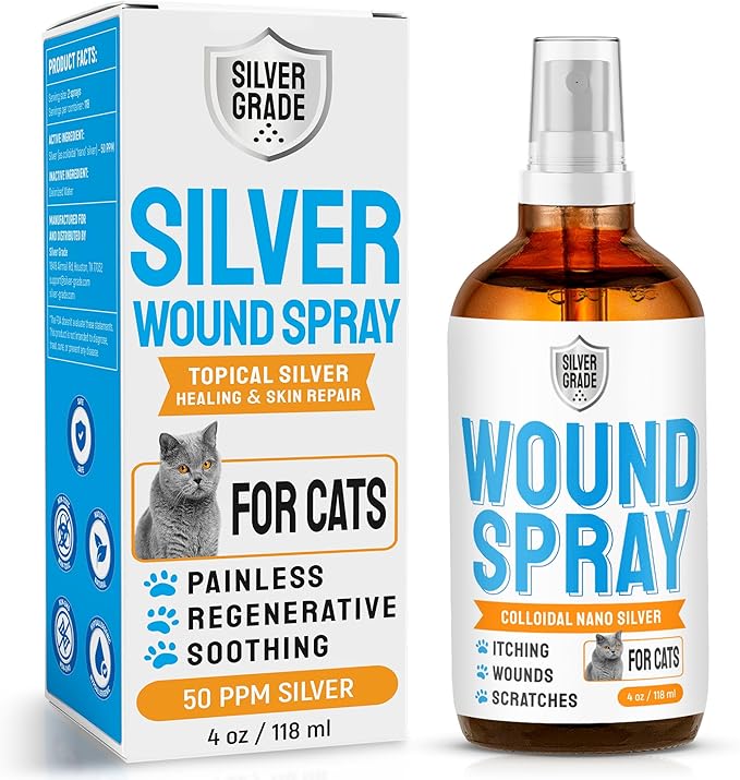 Cat Wound Care Spray with Silver – Wounds, Rashes, Hot Spots, Itch, Scratching, Irritation, Bites &amp; Burns – Use a Cat Cone to Prevent Licking – Safe Formula – 4 Oz