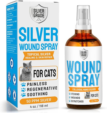 Cat Wound Care Spray with Silver – Wounds, Rashes, Hot Spots, Itch, Scratching, Irritation, Bites &amp; Burns – Use a Cat Cone to Prevent Licking – Safe Formula – 4 Oz