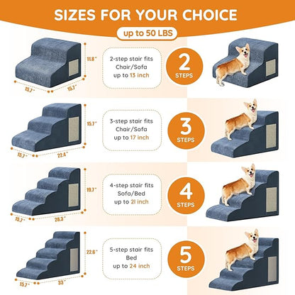 Pet Stairs, Dog Stairs for Small Dogs, Dogs Steps, 5-Step Curved Dog Ramp for Bed, Couch, Sofa, Car and Chairs, Non-Slip Bottom Design, Cat Scratching Board, High Density Foam Portable Pet Step, Navy