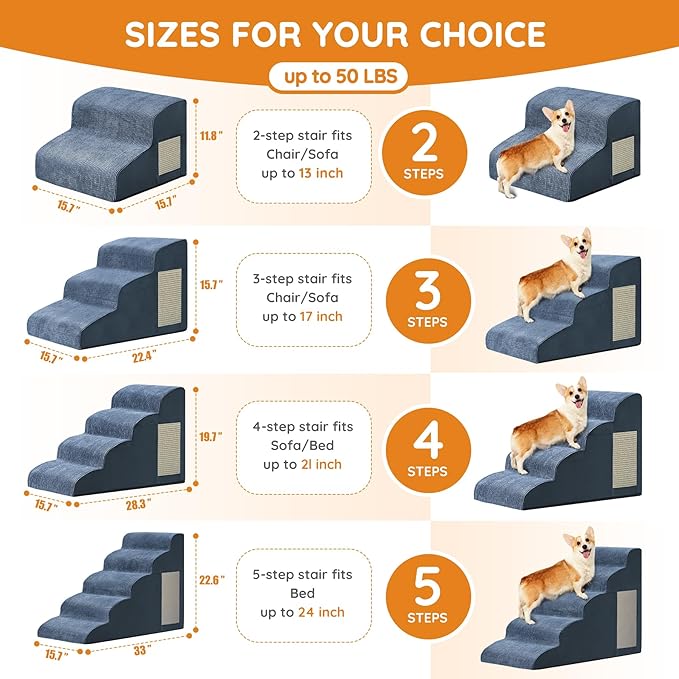 Navy Portable Pet Steps - 4-Step Dog &amp; Cat Ramp for Bed, Couch, Sofa &amp; Chairs - Non-Slip, High Density Foam
