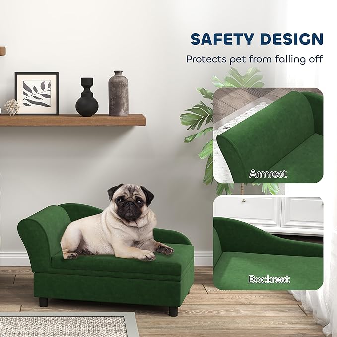 PawHut Luxury Fancy Dog Couch with Hidden Storage, Small Dog Sofa Bed with 2" Soft Foam, Modern Pet Furniture for Puppies &amp; Little Breeds, Green