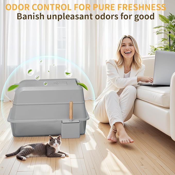 Stainless Steel Litter Box with Lid, XL Extra Large Cat Litter Box, Enclosed Metal Litter Pan with High Sided Enclosure &amp; Scoop, Anti Leakage, Easy to Clean, Odor Control(Grey)