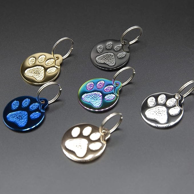 Engraved Pet Tag for Dogs and Cats - Personalized Front &amp; Back up to 4 Lines of Text Custom Engraved ID, Round Paw Print Solid Plating Stainless Steel Black Small