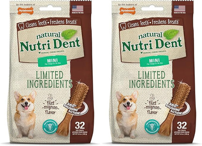 Nylabone Nutri Dent Dog Dental Chews - Natural Dog Teeth Cleaning &amp; Breath Freshener - Dental Treats for Dogs - Filet Mignon Flavor, Mini (32 Count) (Pack of 2)