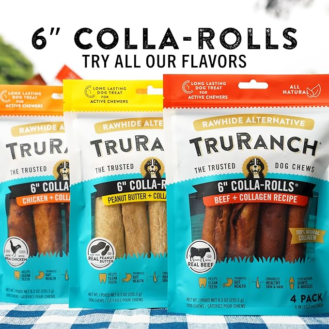 Collagen Rolls - 6" Collagen Rolls for Dogs - Long Lasting Healthy Joint Support - Rawhide Alternative - Skin &amp; Coat Health - Made with Real Beef, Value Pack, 15 Bags, 60 Count