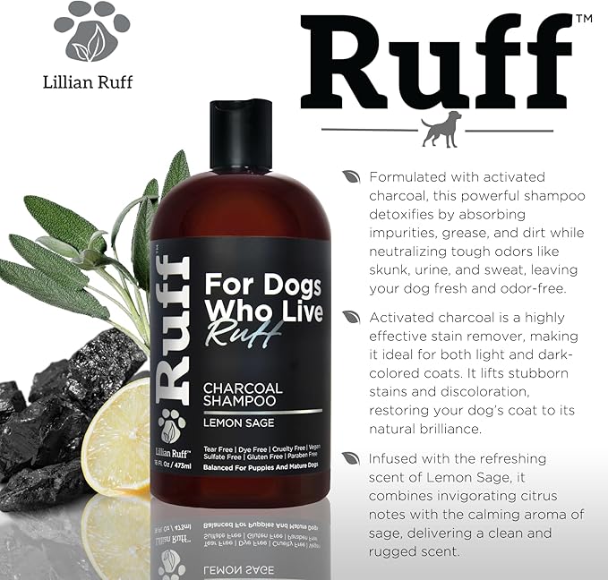 Ruff by Lillian Ruff Activated Charcoal Pet Shampoo – Deep Cleanser, Deodorizer, Stain Remover – Lemon Sage Scent, pH Balanced, Hydrate Dry Itchy Skin – Safe for Puppies &amp; Mature Dogs