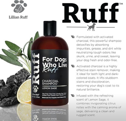 Ruff by Lillian Ruff Activated Charcoal Pet Shampoo – Deep Cleanser, Deodorizer, Stain Remover – Lemon Sage Scent, pH Balanced, Hydrate Dry Itchy Skin – Safe for Puppies &amp; Mature Dogs