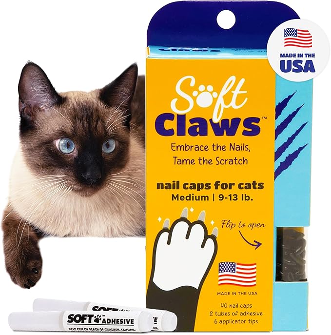 Soft Claws Cat Nail Caps for Medium Cats – (40 Caps, Black) - Made in USA - Veterinarian-Developed | Protects Furniture &amp; Skin - Easy to Apply, Long-Lasting Anti-Scratch Soft Cat Claw Covers