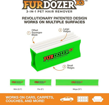 FurDozer X3 MINI Pet Hair Remover &amp; Auto Detailing Tool - Cat &amp; Dog Hair Remover for Carpets, Car Interiors, Couches, Bedding, &amp; Pet Furniture - Reusable Pet Hair Removal Tool for Dog Fur &amp; Lint, 3.5"