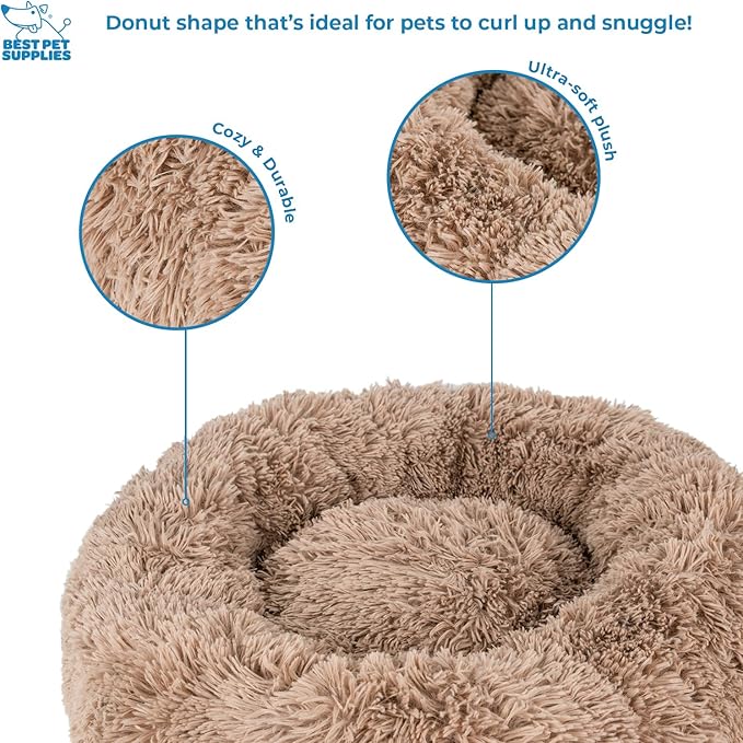 Best Pet Supplies Round Donut Dog Bed with Plush Faux Fur Fabric, Calming, Anti-Anxiety Cushion for Indoor Pets, Slip-Resistant Base, Soft Ergonomic Support - Caramel, 24x24x7&