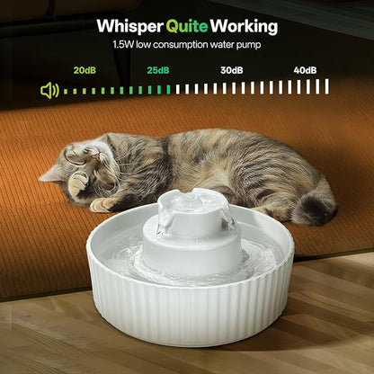 Ceramic Cat Water Fountain, 2.1L/70oz Porcelain Pet Drinking Dispenser with 4 Set Replacement Filter &amp; Sponge, Automatic Dog Water Bowl with Ultra-Quiet Pump, Cat Feeding Watering Supplies(White)