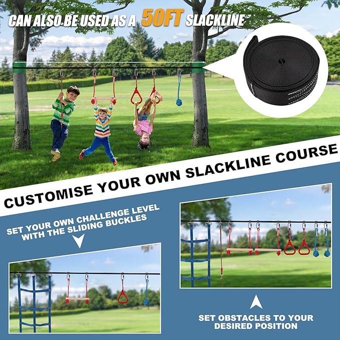 Slsy Ninja Warrior Obstacle Course for Kids, 50FT Durable Ninja Slackline Kit with 8 Complete Accessories, Playset Equipment with Swing, Climbing Net, Ladder &amp; Monkey Bars (8 Obstacles)