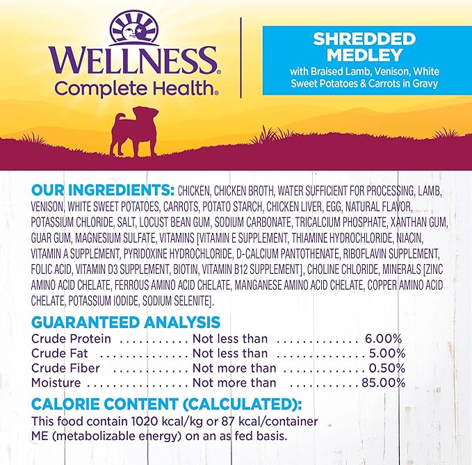 Wellness Petite Entrées Shredded Medley with Braised Lamb, Venison, White Sweet Potatoes &amp; Carrots, 3-Ounce Cup (Pack of 12)