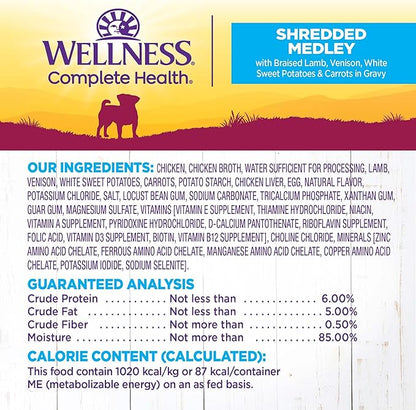 Wellness Petite Entrées Shredded Medley with Braised Lamb, Venison, White Sweet Potatoes &amp; Carrots, 3-Ounce Cup (Pack of 12)