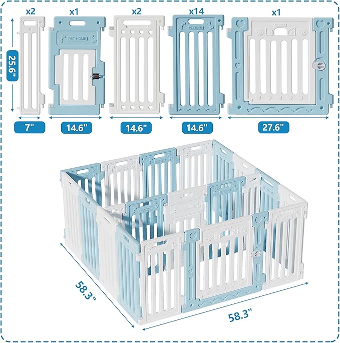 2 Room Dog Playpen with Door,DIY Shape Combination Puppy Pen,16-Panel+2 Link Piece+Large Door+Small Door,25.5" H Dog Fence,Non-Slip&amp;Secure Pet Gate,Easy to Assemble,Blue+White