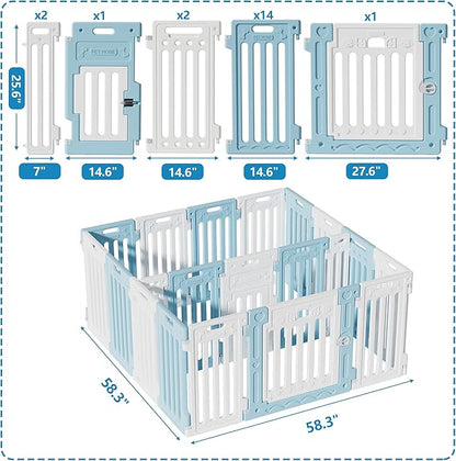 2 Room Dog Playpen with Door,DIY Shape Combination Puppy Pen,16-Panel+2 Link Piece+Large Door+Small Door,25.5" H Dog Fence,Non-Slip&amp;Secure Pet Gate,Easy to Assemble,Blue+White