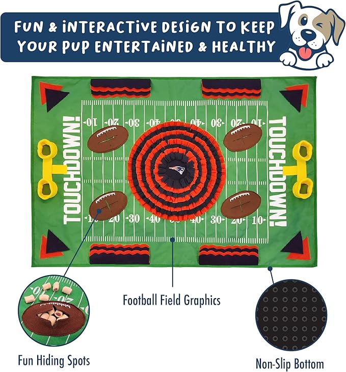 NFL New England Patriots Dog Snuffle Mat – Interactive Pet Slow Feeder, Football Field Design Food Puzzle Toy for Dogs &amp; Cats, Foraging Activity Mat for Smarter Feeding