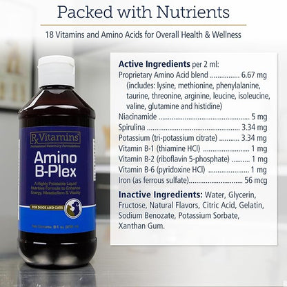 Rx Vitamins Amino B-Plex Cat &amp; Dog Supplement - Vitamin B Complex Liquid Plus Amino Acids for Dogs &amp; Cats - Appetite Booster and Cat &amp; Dog Weight Gainer - Supplements &amp; Vitamins - 8 oz