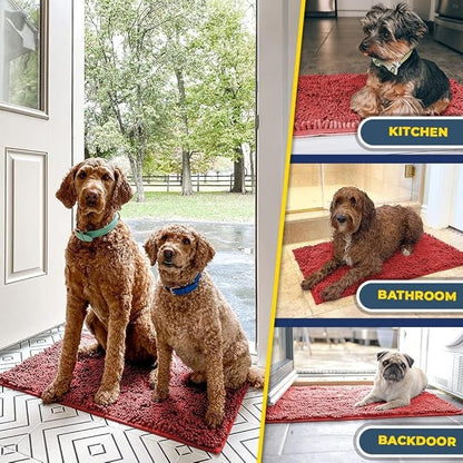 Muddy Mat® Pack of 3 Highly Absorbent Microfiber Dog Door Mat and Pet Rug, Non Slip Thick Washable Area Mat Soft Chenille for Kitchen Bathroom Bedroom and Outdoor - Red Small, Medium &amp; Large